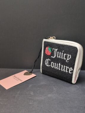 Juicy Couture NWT, Black Terry Cloth Strawberry Embroidered Zip-Around Wallet.